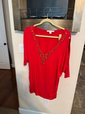 Boston Proper Red V-Neck Jeweled Tunic